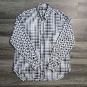 Loro Piana Italy Men's XL Button Down Shirt Cotton Blue Tan Check Plaid Luxury